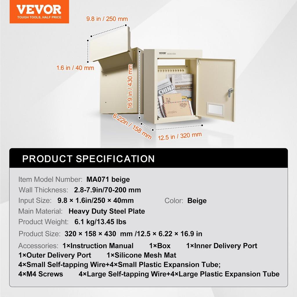 Through The Wall Drop Box 12.5x6.3x16.9" Mailbox with Code Lock Beige