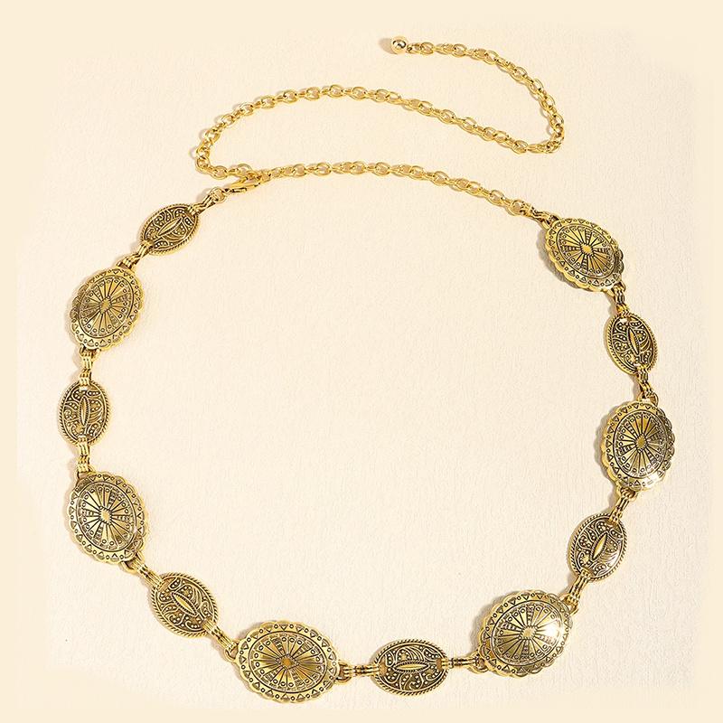 Chaîne de taille en métal de style rétro pour femme, ceinture réglable en forme de cercle décoratif sculpté, accessoires de style haut de gamme