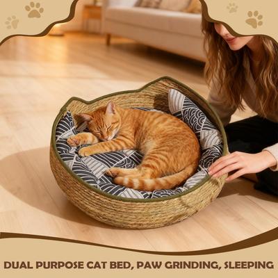 Round Cat Bed Comfortable Woven Washable Kitten Mat Cat Desk Bed For Indoor Outdoor Winter Travel Car Camping Desk Bedside