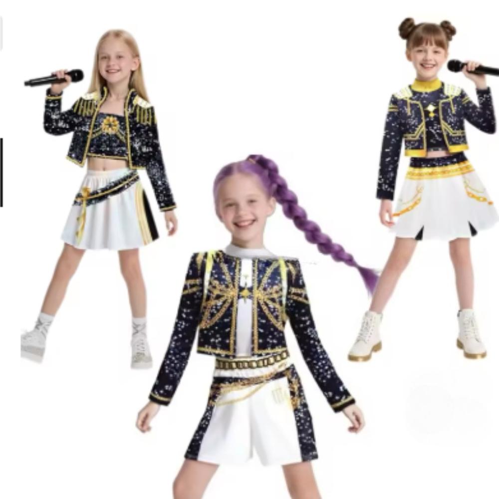 Dětské dívčí Rumi K Pop Lovkyně démonů Cosplay Dětský černý zlatý kostým Dětská maska Vystoupení Roleplay Uniforma Halloween