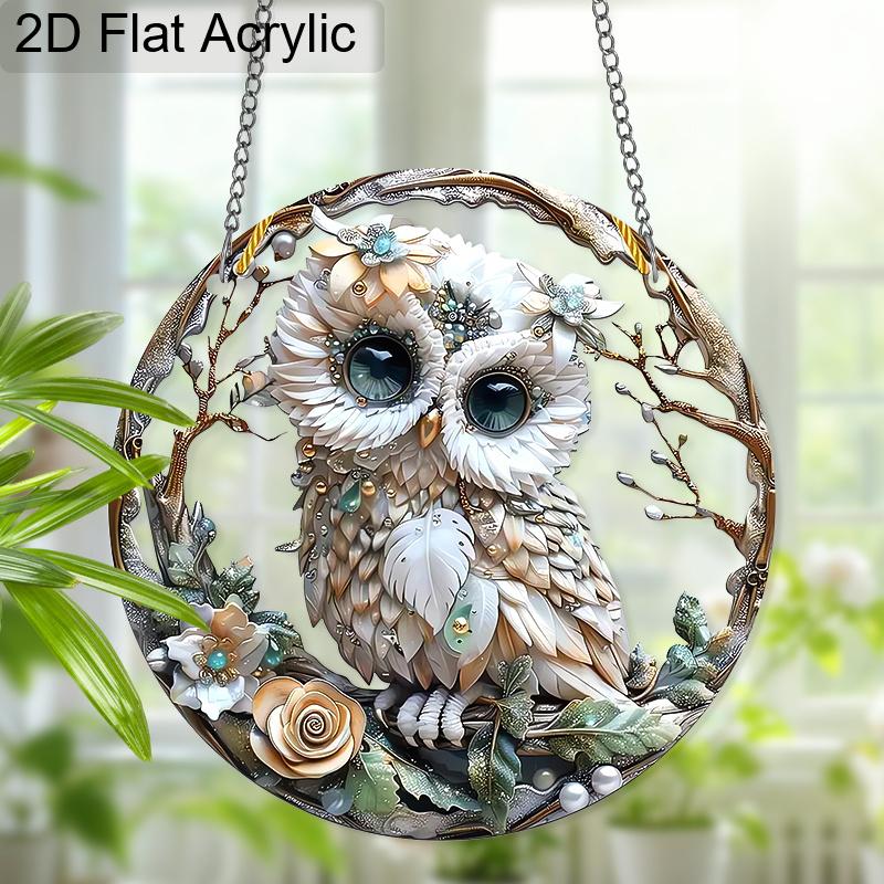 Acryl Weiße Eule Sonnenfänger Glasmalerei-Effekt Fensterhänge-Ornament Eulenliebhaber Weihnachtsgeschenke