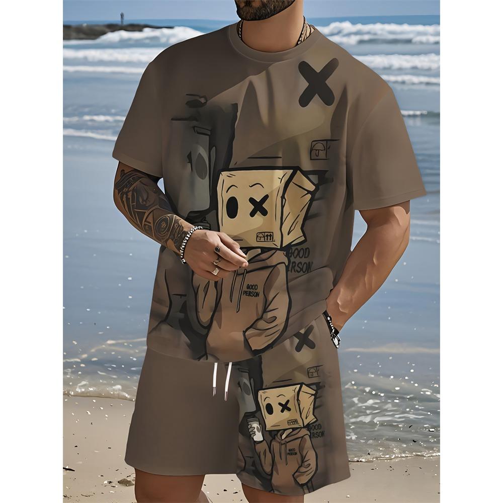 New Summer Plus Size Men's Two-piece Letter Print Pattern Fashion Short-sleeved Suit Street Men Loose Comfortable Shorts