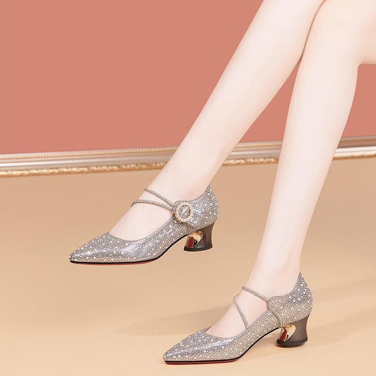 New rhinestone word with thick heel single shoes women's high heels 2025 spring and autumn fashion medium heel wedding shoes shallow mouth women's