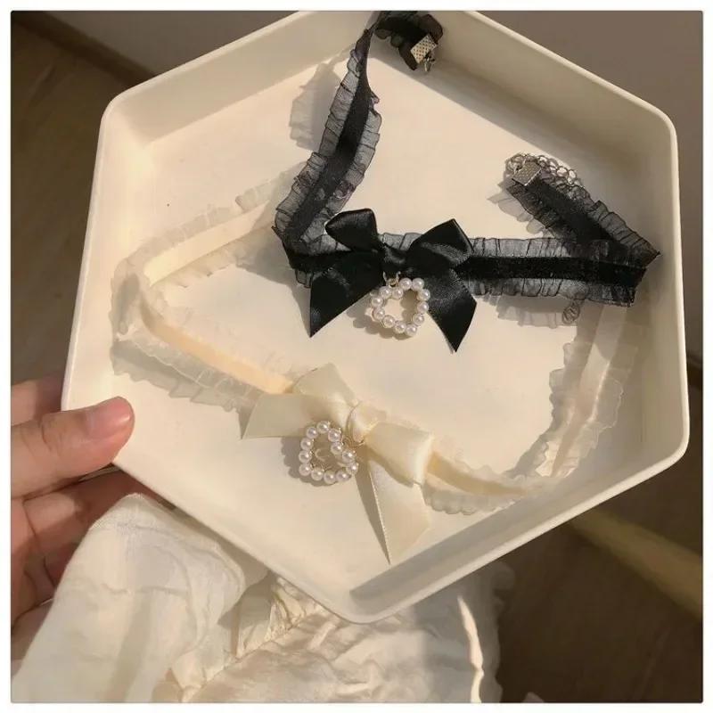 1PC Women's Cute Collar Lolitas Handmade Vintage Lace Heart Choker for Women Gothic Bow Knot Necklace Girls Uniform Accessories
