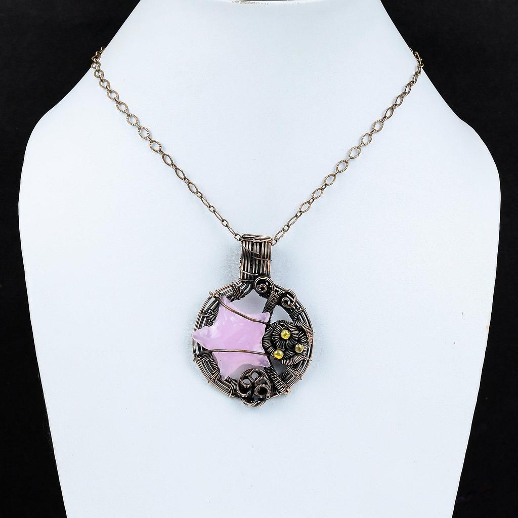 Pink Chalcedony Rough Pendant Copper Wire Wrapped Pendant Handmade Pendant Gemstone Pendant Copper Jewelry Gift For Him Wire Wrapped Jewelry