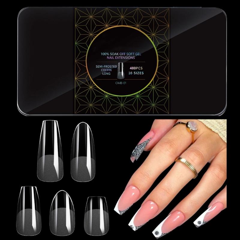 480 Pcs False Nails Tips Soft Gels Tips Semi-Frosted Nails Tips Full Cover Stick on Nails Press On Nails for Women Girl