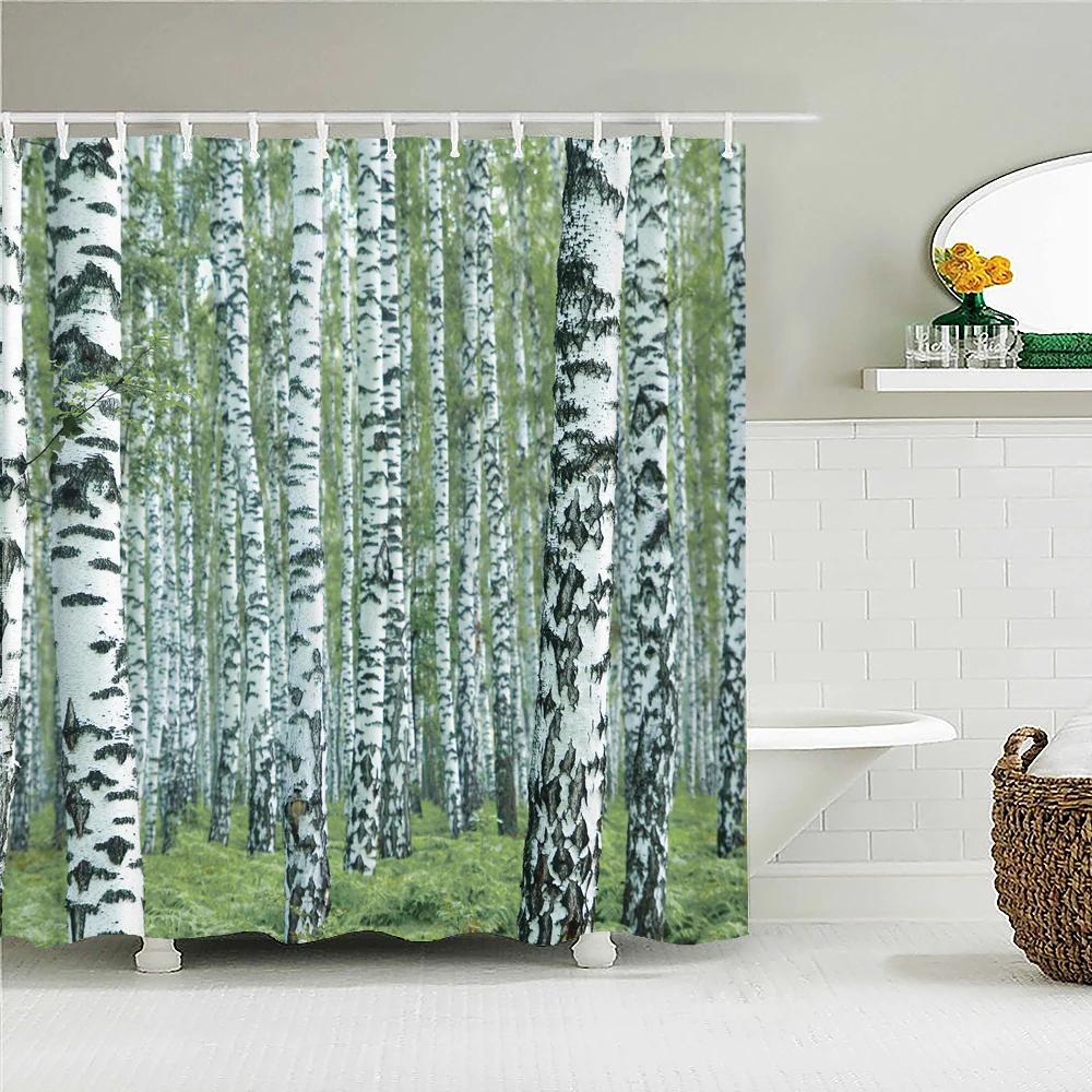 Birch Forest Trees Shower Curtain Natural Landscape Printed Fabric Waterproof Polyester Bath Curtains Bathroom Decor With Hooks