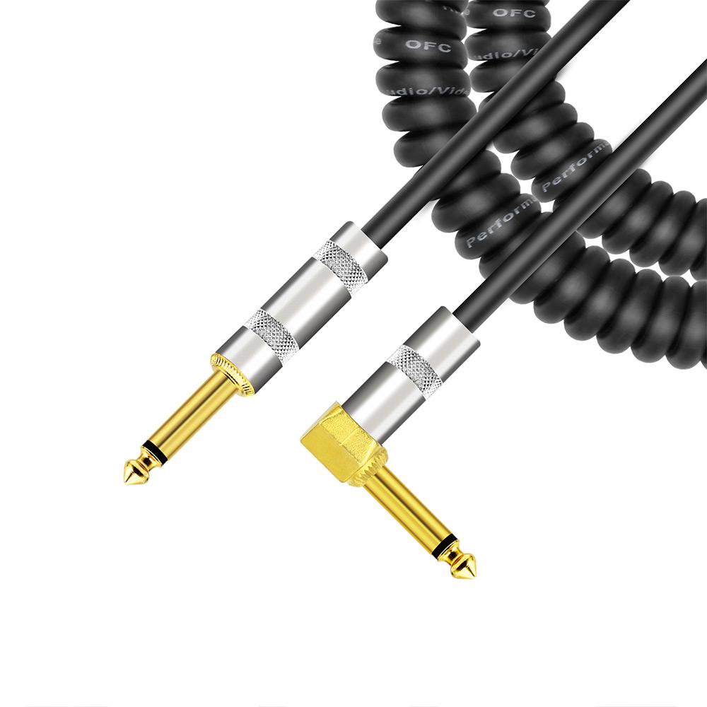 Curly Musical Instrument Audio Guitar Cable Cord 1/4 Inch Straight To Right-angle Gold-plated TS