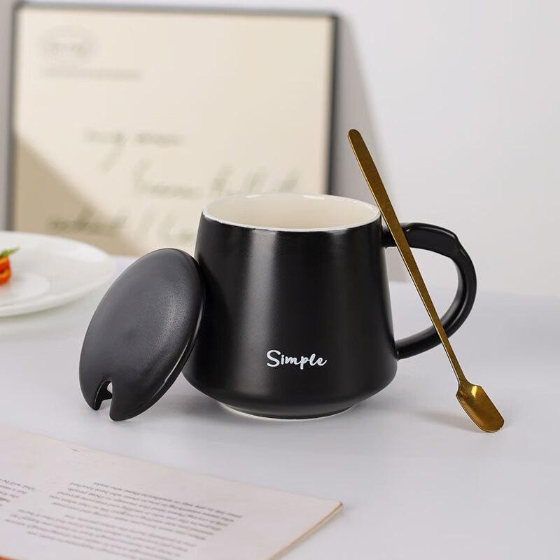 Matte Black Ceramic Coffee Mug with Lid and Spoon