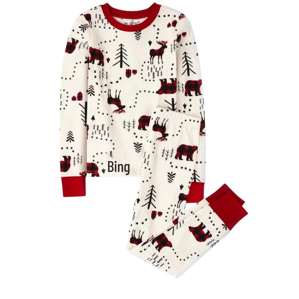 Christmas Tree & Bear Print Parent-Child Plaid Pajama Set