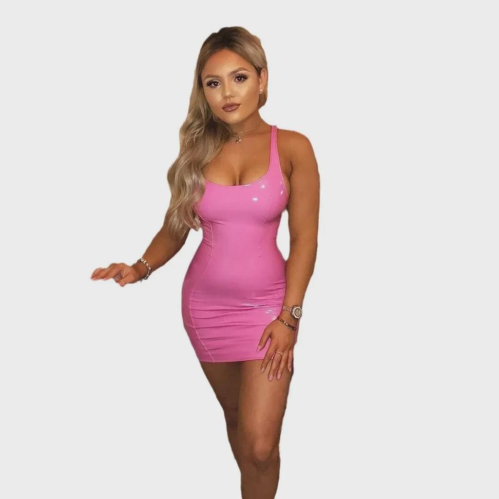 Vestido de Tirantes sin Mangas de Cuero PU Estilo Europeo y Americano: Falda Ajustada Sexy para Mujer