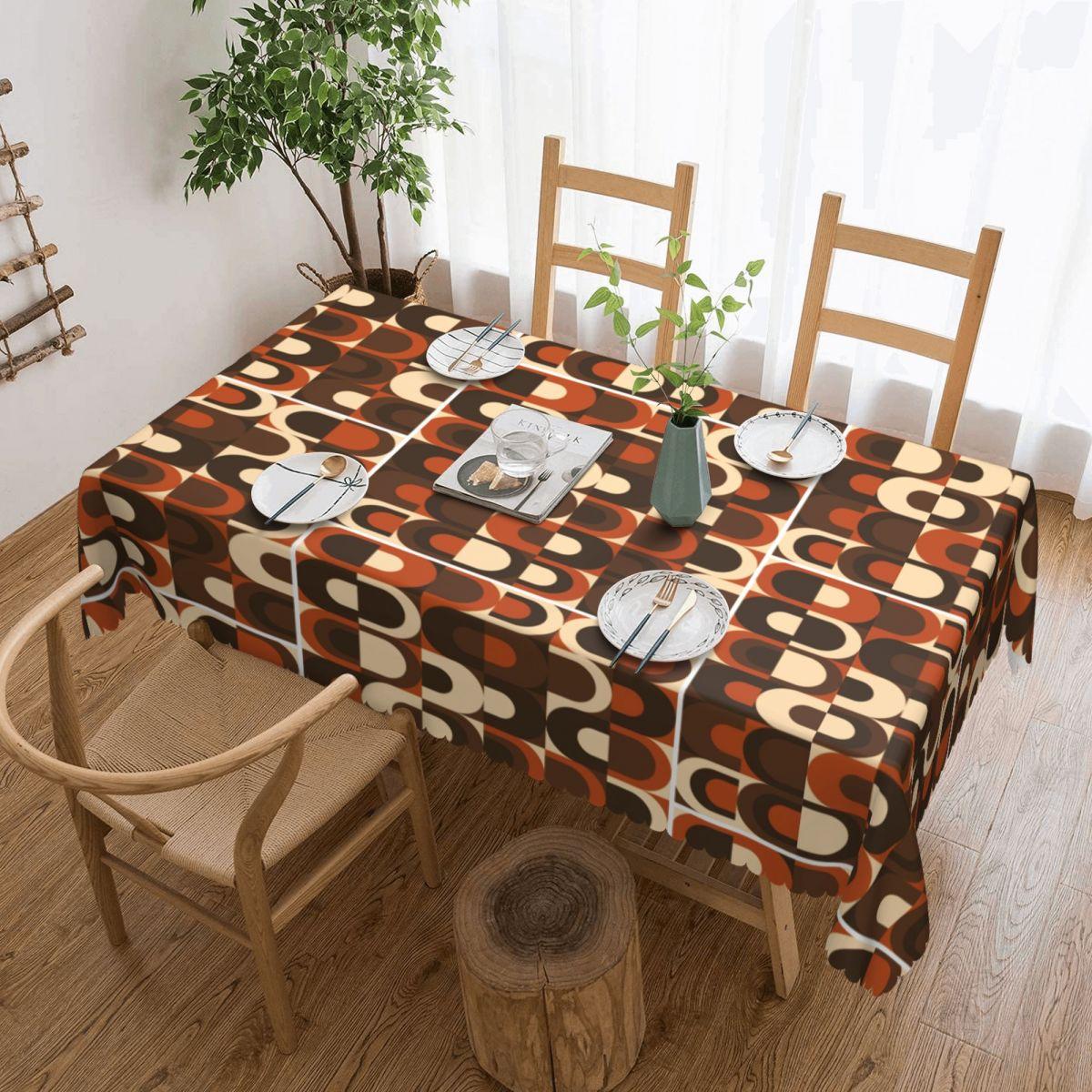 Rechthoekig 70s Patroon Retro Industrieel In Oranje En Bruine Tinten Tafelkleed Waterdicht Tafelkleed Buiten 45 -50  Tafelhoes 137x183cm