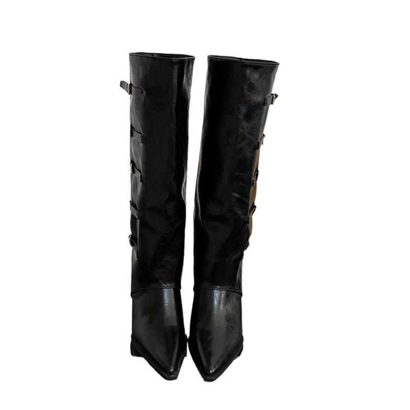 Wasteland Wind Autumn and Winter New Boots Women's But Knee Pointed Belt Buckle Slope Heel Western Cowboy Boots High Trousers Boots
