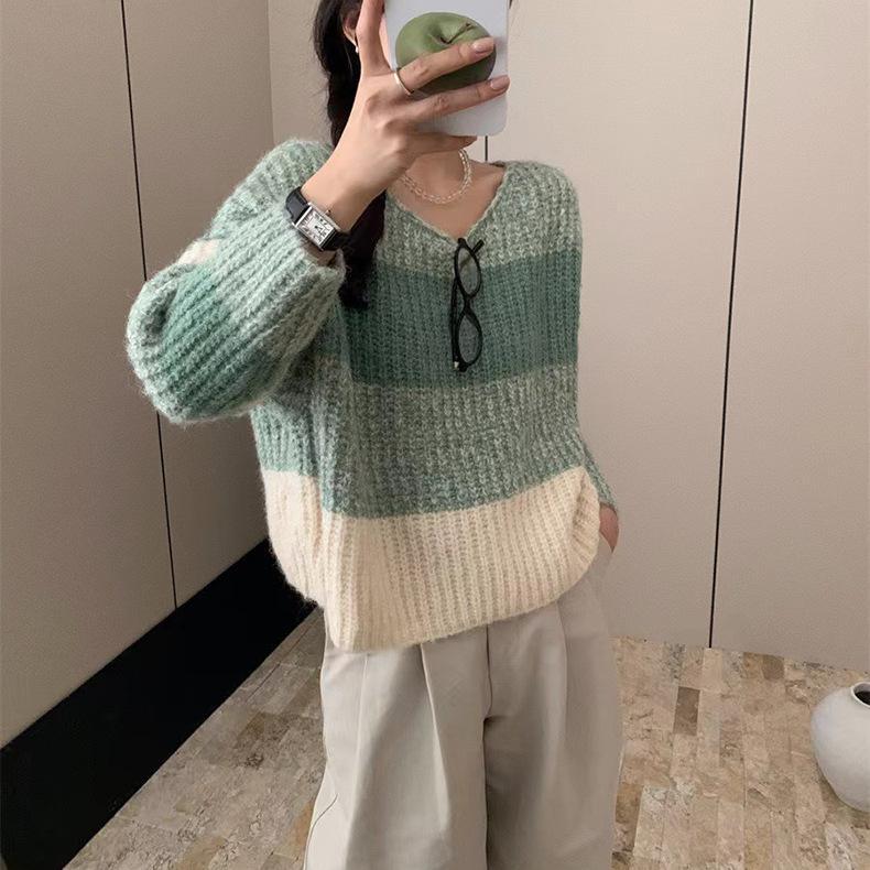 Soft Waxy Lazy Wind Striped Design Sweater Women's Autumn and Winter Retro Loose Round Neck Pullover Top