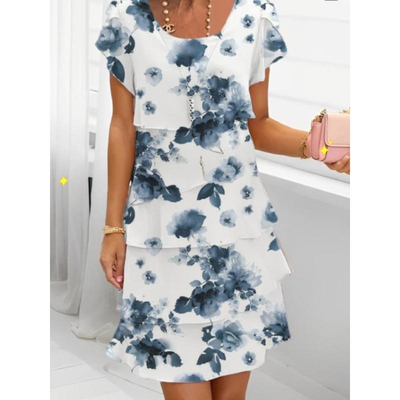 

Spring Chic Floral Print Chiffon Dress Woman Elegant Crew Neck Tierred Pleated Dress Summer Short Sleeve A-Line Party Dress 3XL