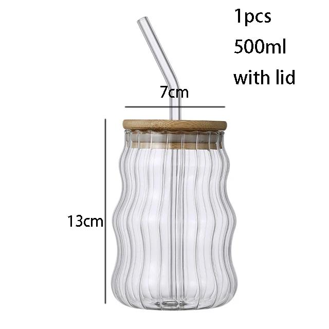 Ins Glass Cup Heat-resistant Drinkware Transparent Tea Juice Milk Coffee Mug Home Water Glasses Stripe Mug With Lid and Straw