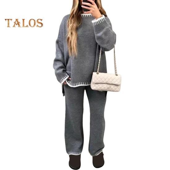 2 szt./zestaw zimowy sweter spodnie zestaw O szyi luźny dzianinowy gruby długi rękaw sweter szerokie nogawki ciepłe spodnie codzienny strój szkoła odzież domowa ubrania sportowe