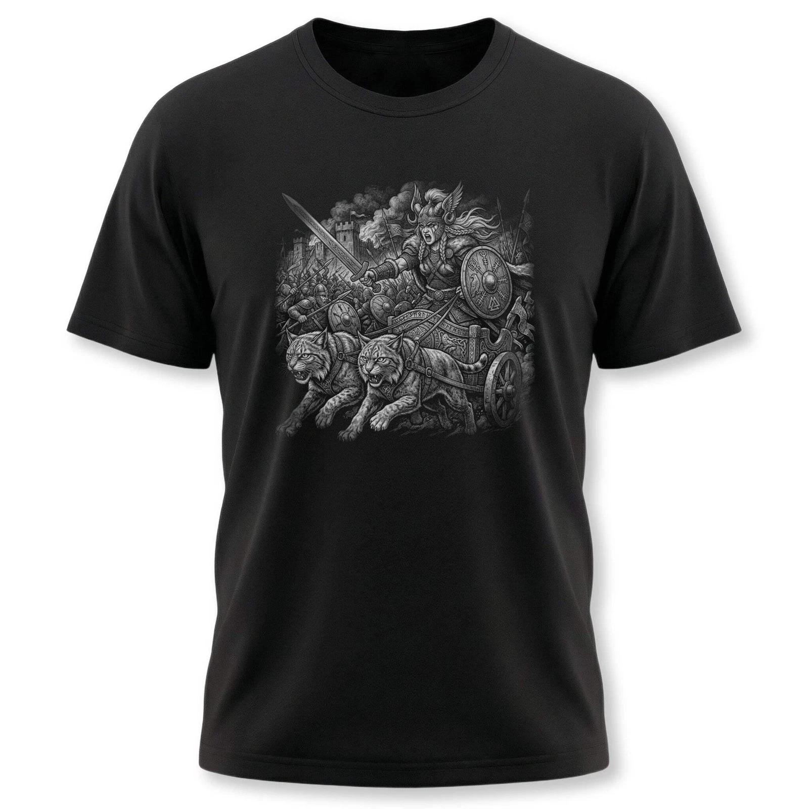 Freya Goddess Warrior T-Shirt | Norse Mythology Cats Chariot Graphic Tee Shirt XXL