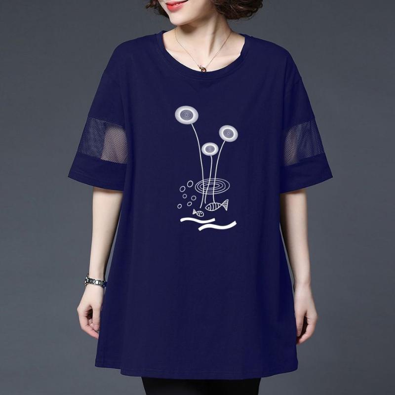 Mittleres und langes Oberteil zum Bedecken des Bauchs, kurzärmeliges Sommer-T-Shirt mit Netz-Patchwork für Mütter mittleren Alters und lockeres, großes, schmales Oberteil