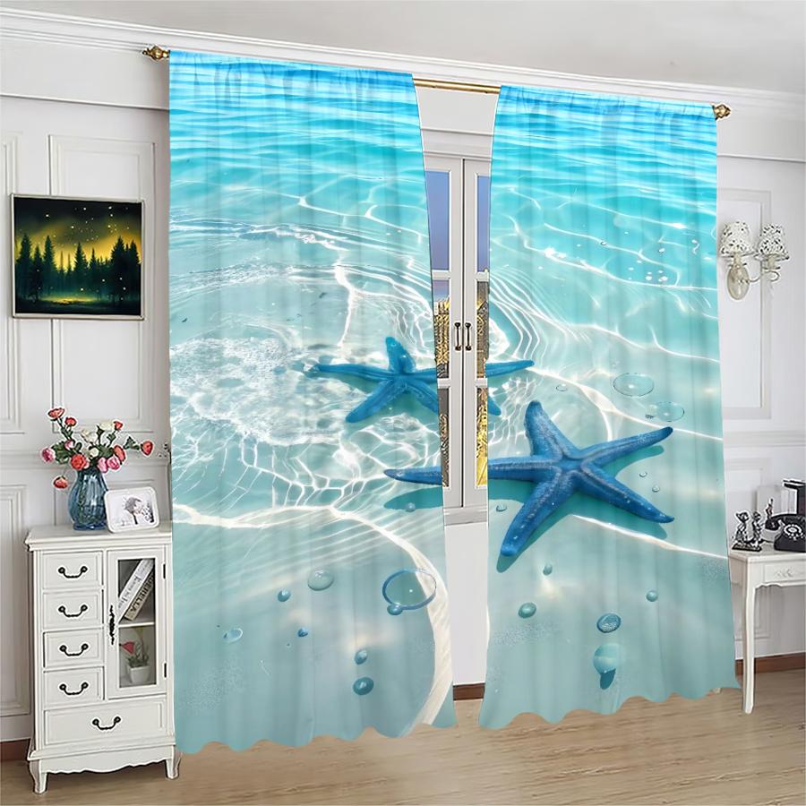 

Set Of 2 Ocean Starfish Printed Curtains Pole Bag Christmas Decorations Home Room Curtain Made Polyester W100*H70(CM)-Rod Pocket&2PCS