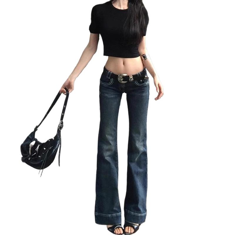Autumn new design elastic straight jeans women's American Spice Girls low-rise slim-fitting and thin horn trousers