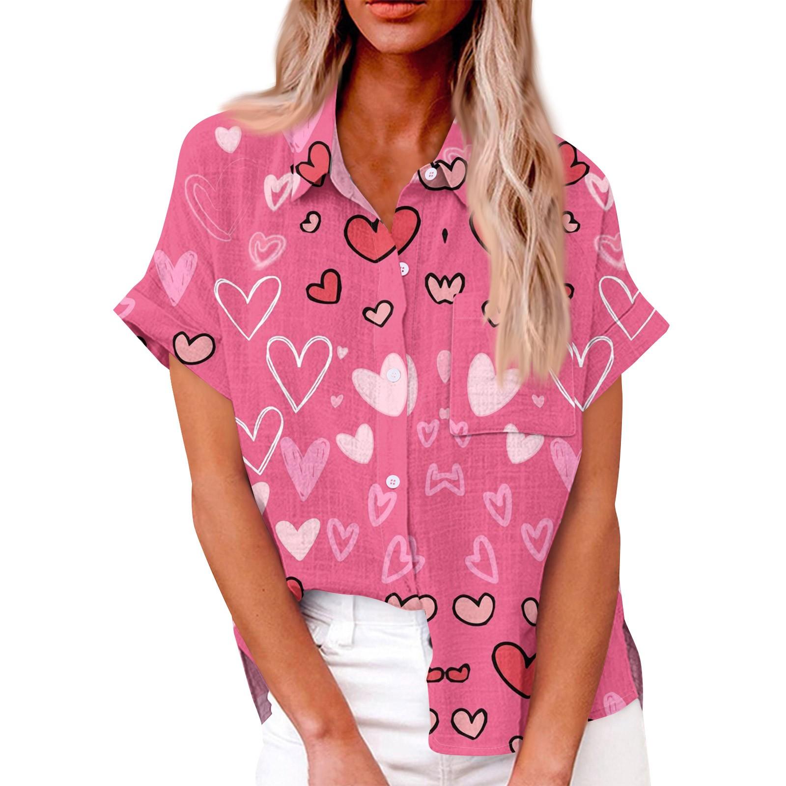 

Женская свободная повседневная рубашка с короткими рукавами и отворотом с цифровым принтом и карманом M