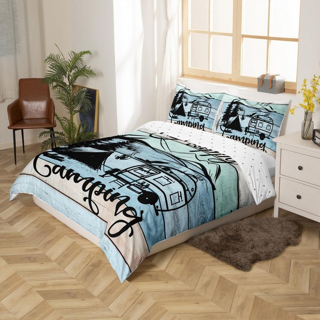 Erosebridal Happy Camping Duvet Cover Set Camper Bedding Sets Twin,Rustic Farmhouse Comforter Cover Camping Accessories Bedding,RV Car Theme