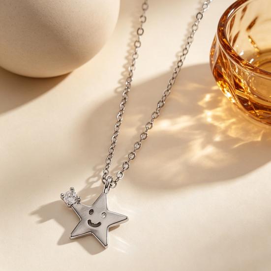 Smiling Star Moon Necklace Rhinestone Star Pendant Necklace Cute Moon Necklace for Women Daily Wear Dating