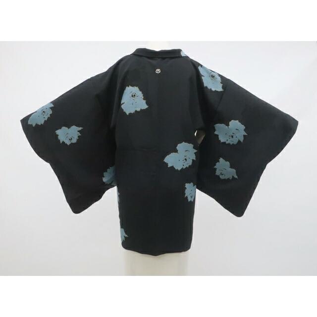 Recycled Kimono, Black Haori, Antique, Single Crest, Flower, Gold Thread, Haori with Straps, Pure Silk Kimono, Length Approximately 78cm,