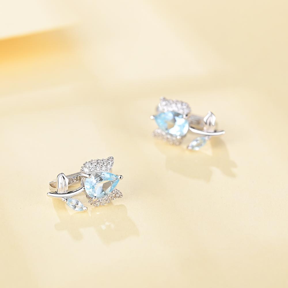 Clip-Ohrringe im Rosen-Blumen-Design, 925er Sterlingsilber, himmelblauer Topas, Edelsteine, feiner Schmuck für Mädchen, Tochter, schönes Geburtstags-Abschlussgeschenk