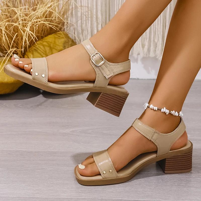 Fashion Fashion Square Toe Women' Sandals Summer 2025 Ankle Buckle Thick High Heels Sandalias Mujer Pu Leather One Strap Sandals Woman