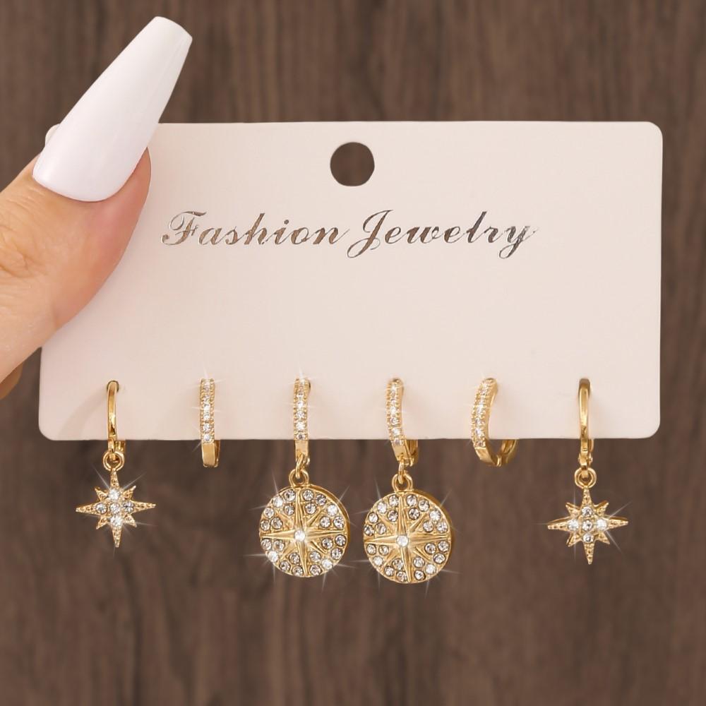 3 Pairs/Set Golden Star Design Shiny Rhinestone Inlaid Dangle Earring for Women Eleagnt Luxury Female Jewelry Gifts