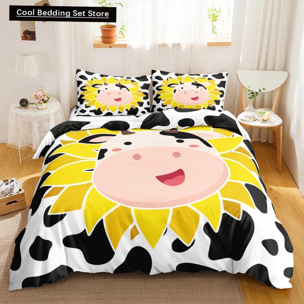 Cow Print Duvet Cover Animal Cow Doodle Cartoon Drawing Farming Husbandry Sunflower Polyester Bedding Set Twin Queen King Size