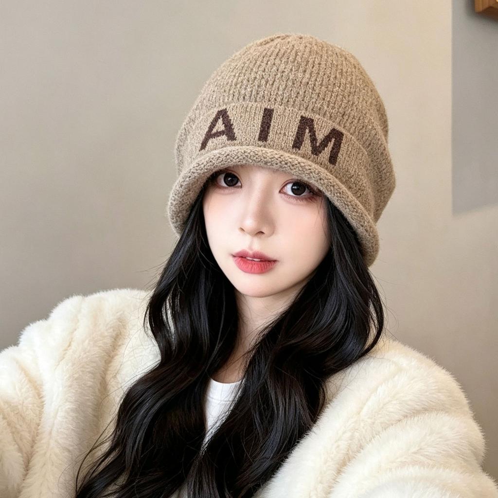 ins letter knitted bag hat women's autumn and winter fashion travel versatile pullover hat big head circumference cold hat
