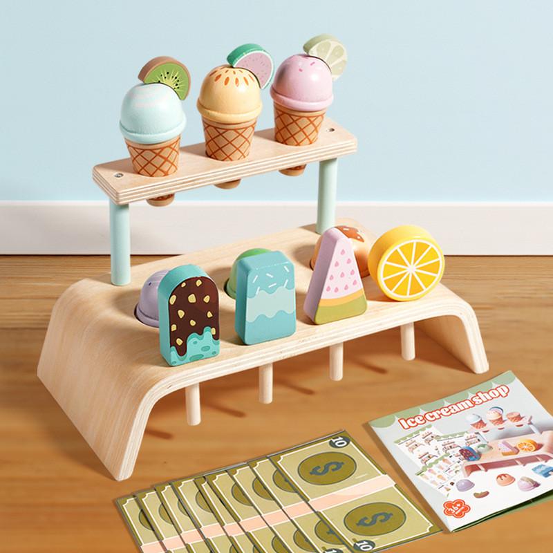 Wooden Simulation Ice Cream Shelf Children Puzzle Interactive Toy For Imaginative Role Play