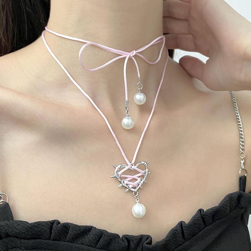 Exaggeration Vintage Elegant Trendy Metal Heart Necklace Ribbon Pearl Pendant Clavicle Chain For Women  Jewelry