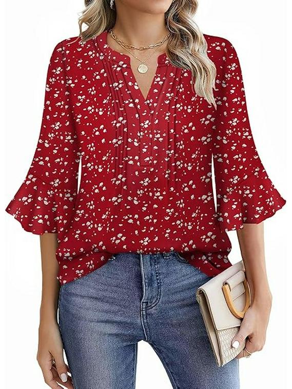 2025 Bluzka Szyfonowa z Dekoltem V w Kształcie Liścia Lotosu - Jednolity Kolor, Rękaw Siedmiopunktowy, Swobodny Luźny Krój