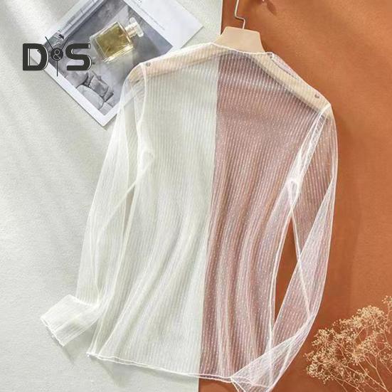 Women Top Ultra Thin See Through Lace Long Sleeves Solid Color Loose Soft Casual Mock Neck Visible Spring Summer Shirt