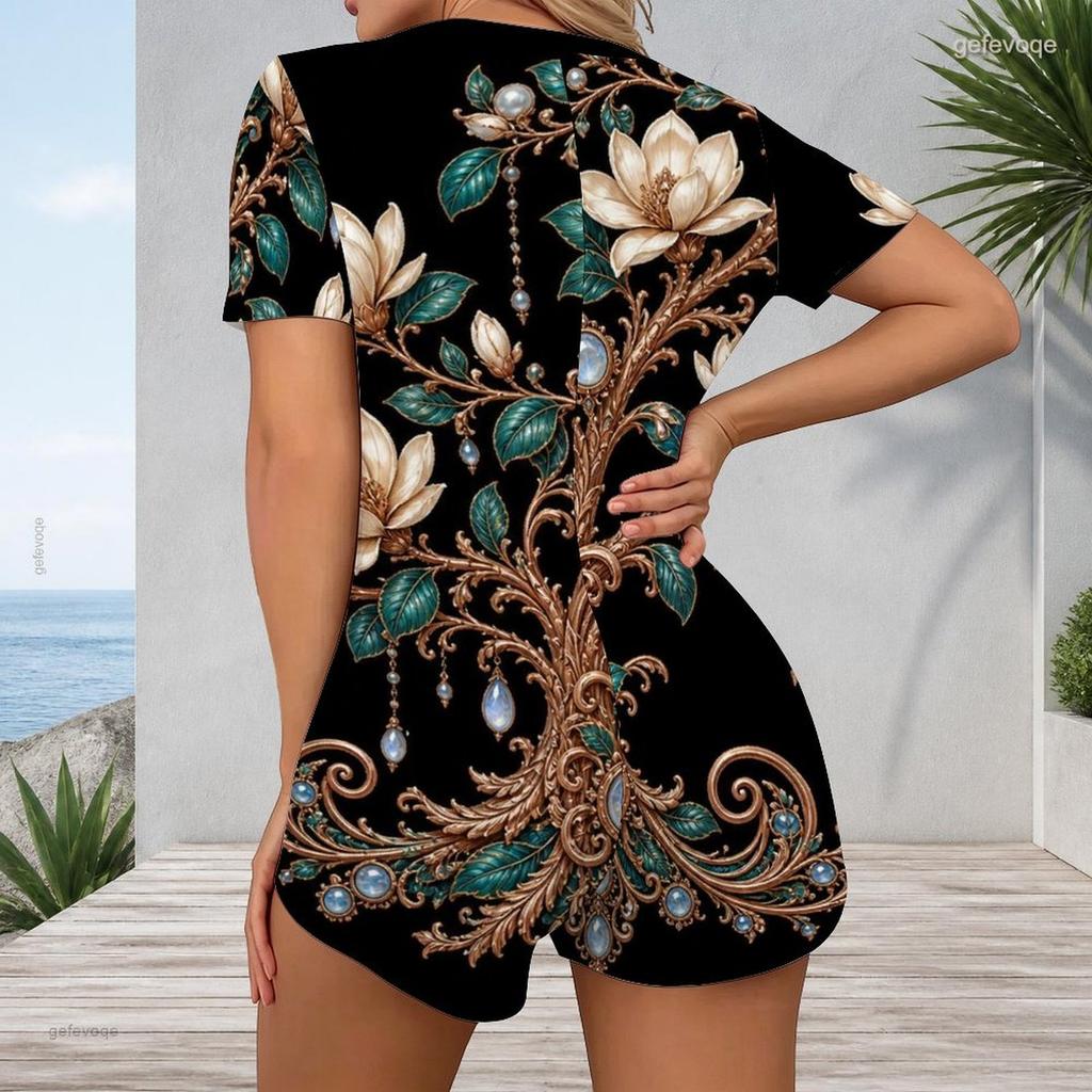 Women Plus Size Black Floral Printed V Neck Short Sleeve Button Front Romper