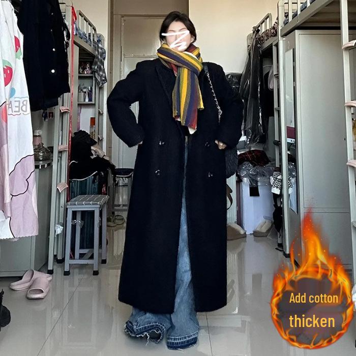 Women's Black Wool-Blend Thickened Coat - Autumn/Winter, Korean Style, High-End Loose Fit