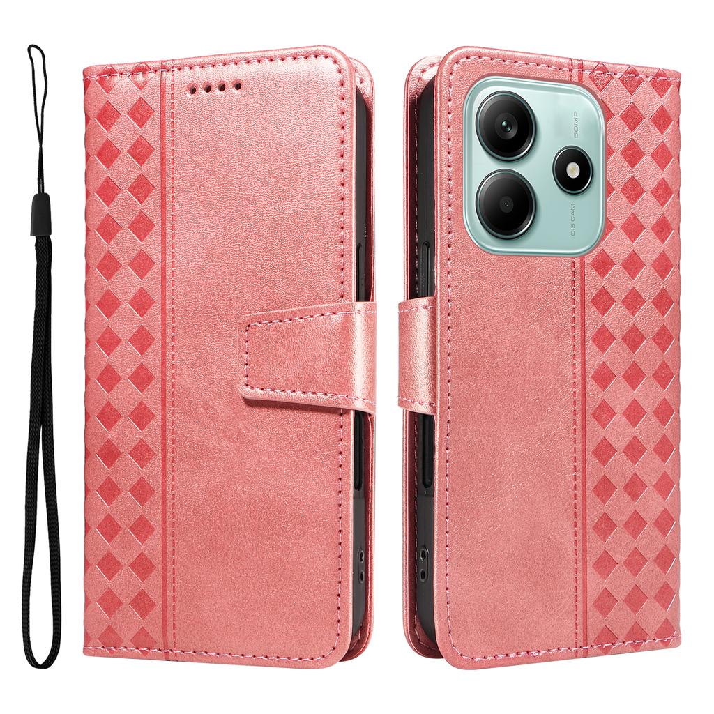 For Xiaomi Poco M7 Pro 5G/Xiaomi Redmi Note 14 5G Leather Case Wallet Stand Grids Imprinted Phone Cover with Strap