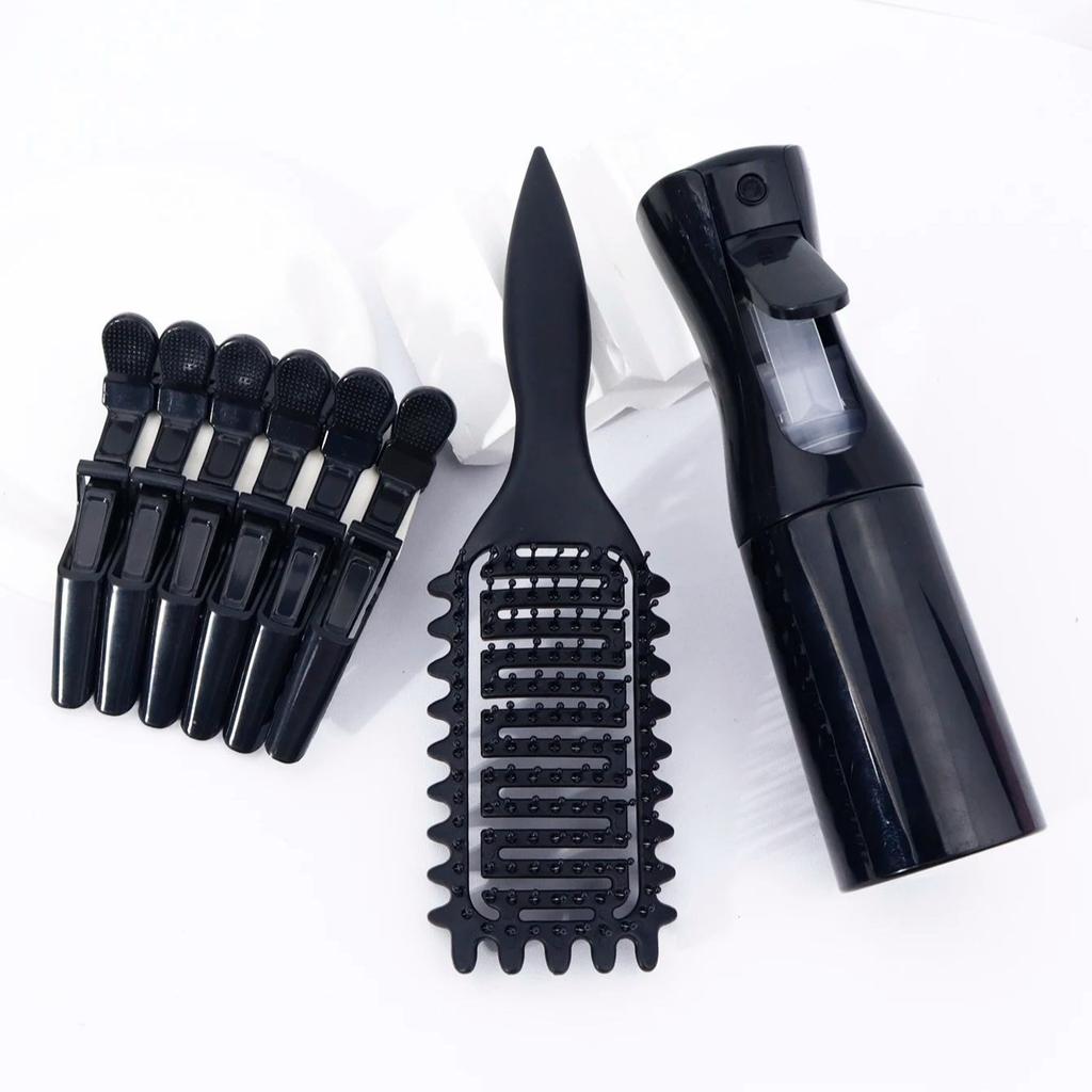 8pcs of hairdressing kit,spray bottle,hollow ventilated hair combs and alligator shaped hair clips,Special for real hair wigs