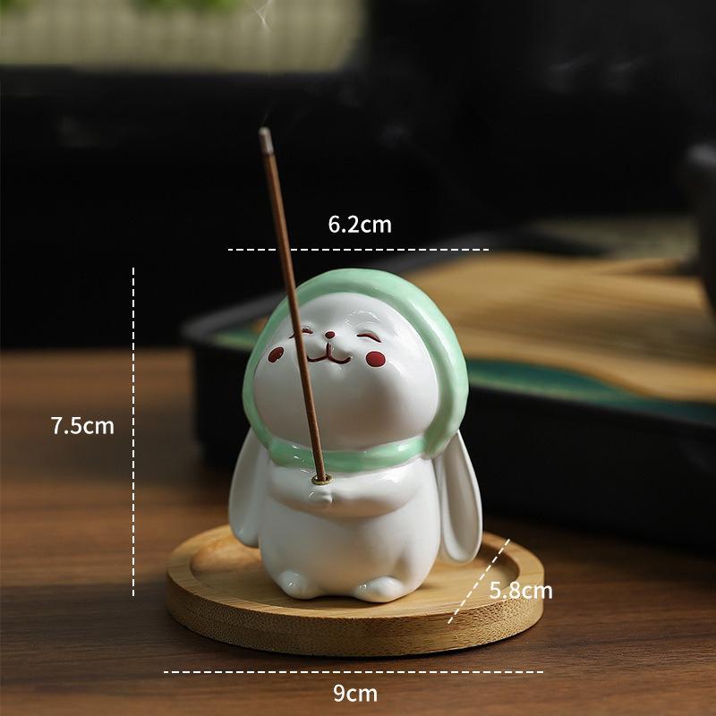 Cute Rabbit Ceramic Incense Holder Incense Stick Burner Bamboo Tray Home Decor Aromatherapy Ornament for Yoga Room Desk Gift