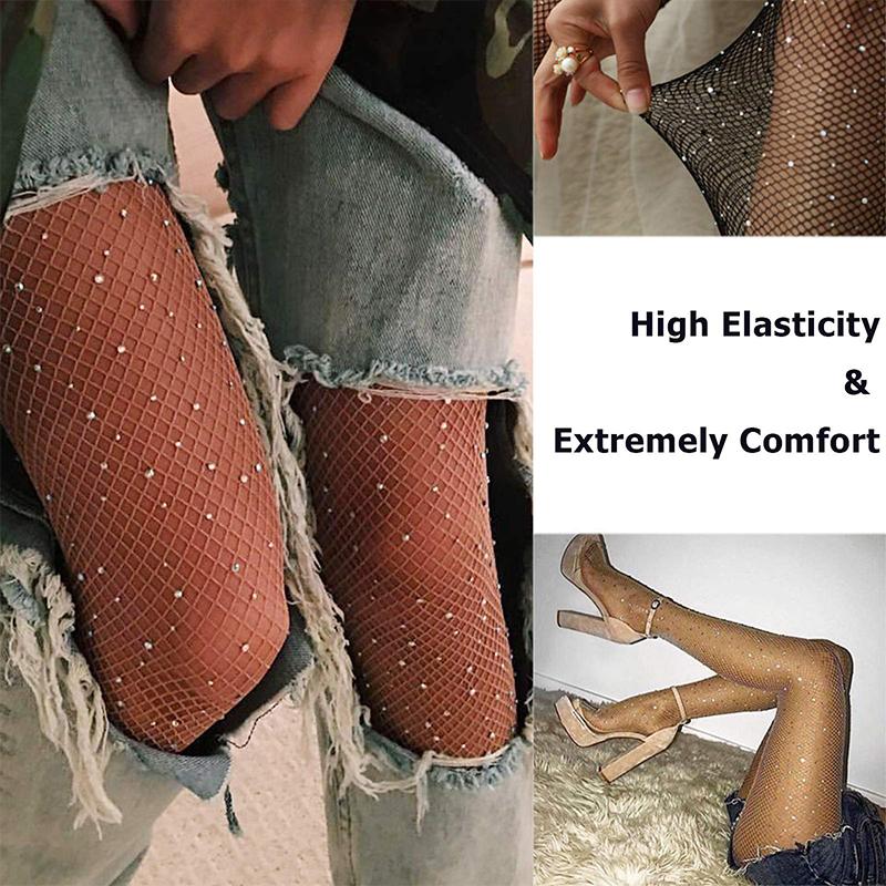 Women's Sexy Black Transparent Thin Knitted Breathable Nylon Pantyhose Tights Glitter Mesh Fishnet Stocking Shiny Diamonds