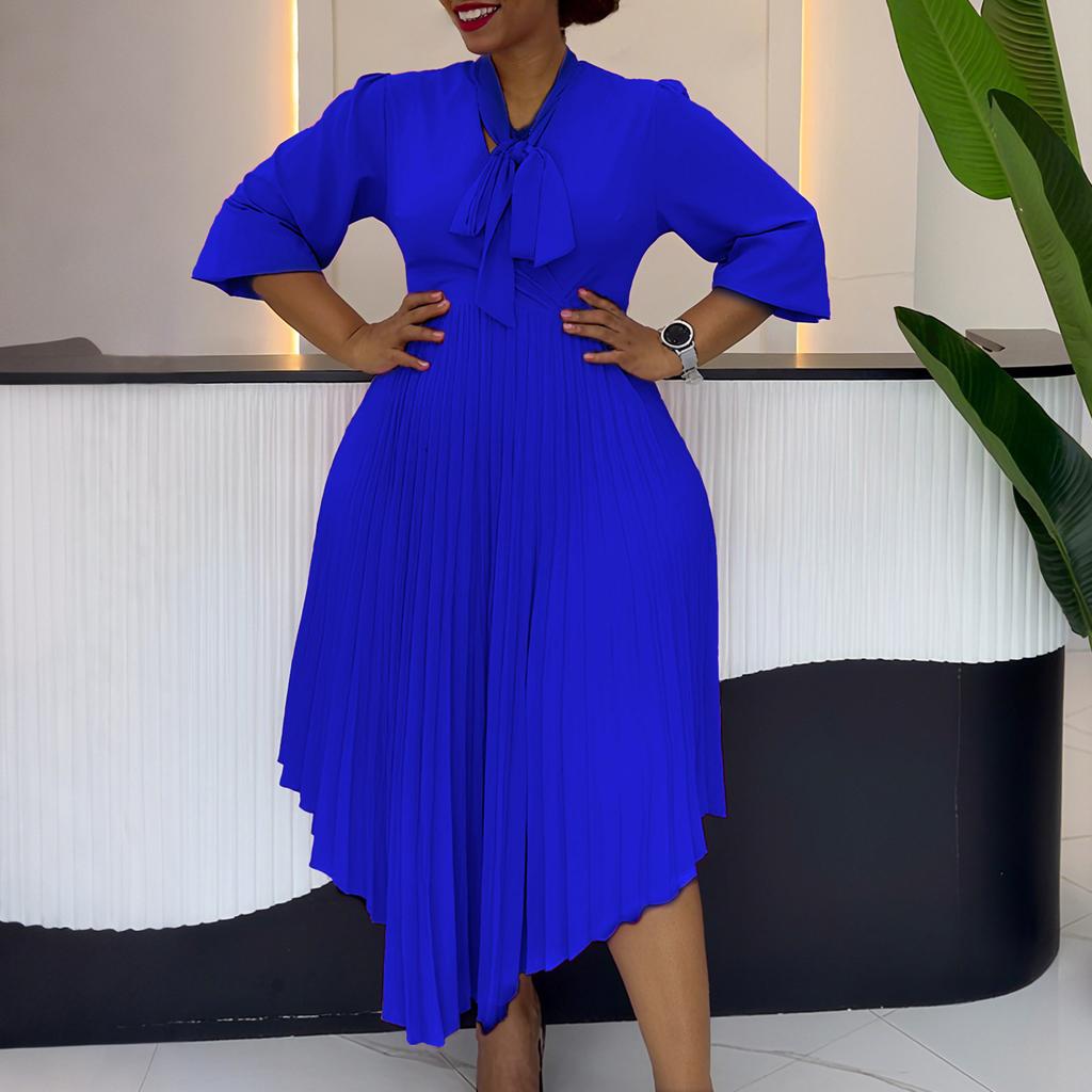 Damen Midi-Kleid in Lavendel mit Falten, Schleifen-Detail und Dreiviertelärmeln