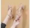 Baotou one-word sandals women's thick heel 2025 new summer mesh rhinestone high heels low heel French pointed shoes