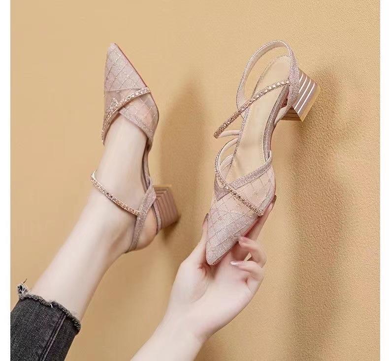 Baotou one-word sandals women's thick heel 2025 new summer mesh rhinestone high heels low heel French pointed shoes