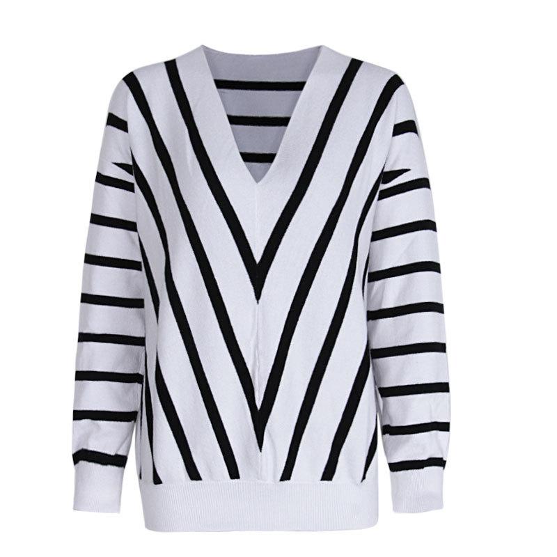 Damen Herbst/Winter Lockerer Basic Gestreifter V-Ausschnitt Pullover