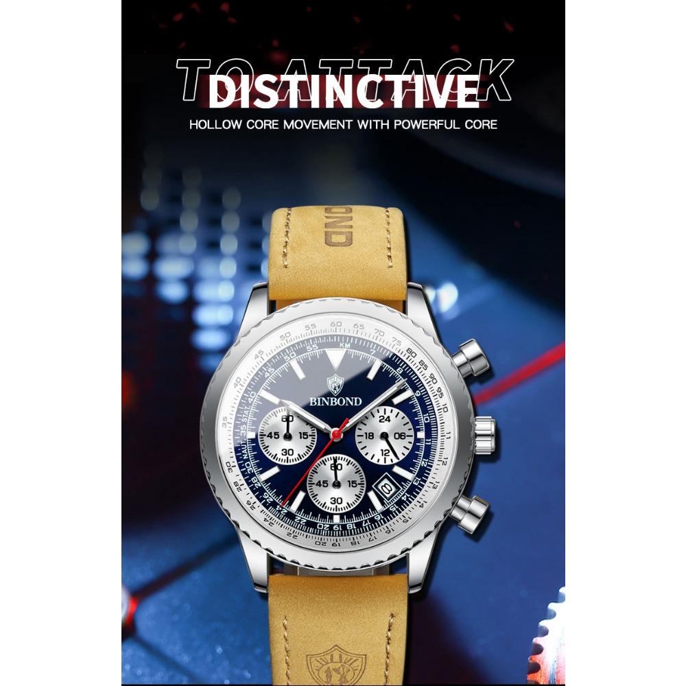 BINBOND Top Brand Man Quartz Watch Waterproof Luminous Date Chronograph Leather Wristwatch Military Sports Luxury Men's Watches