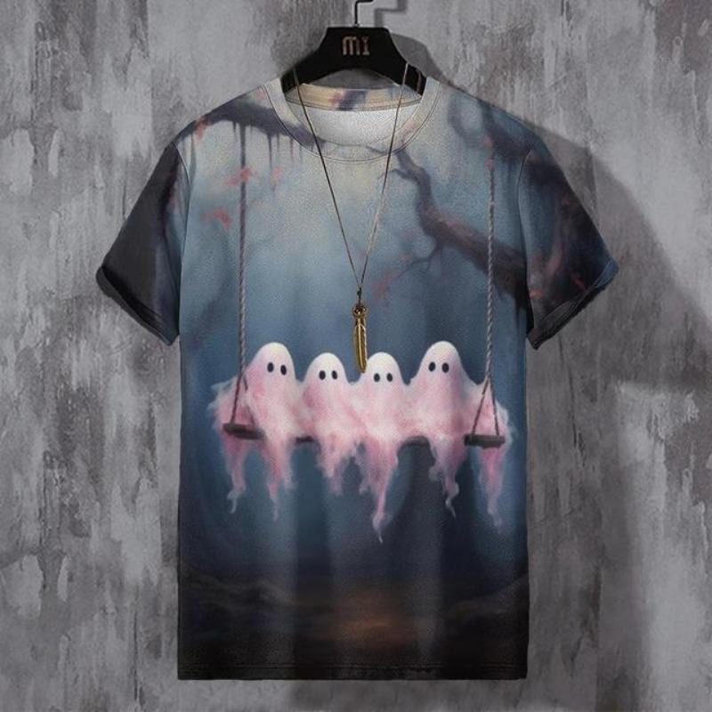 Men's Halloween T-shirt 3D Printed Ghost Pattern T-shirt Casual Round Neck Short Sleeved T-shirt Oversized Y2K Men's Top